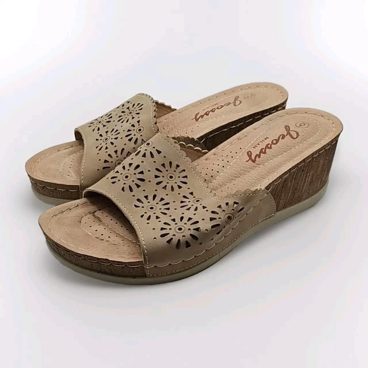 Jeossy Cork Wedge Slides Sandals Beige Women Sz 6 Etherial Soft Girl #163