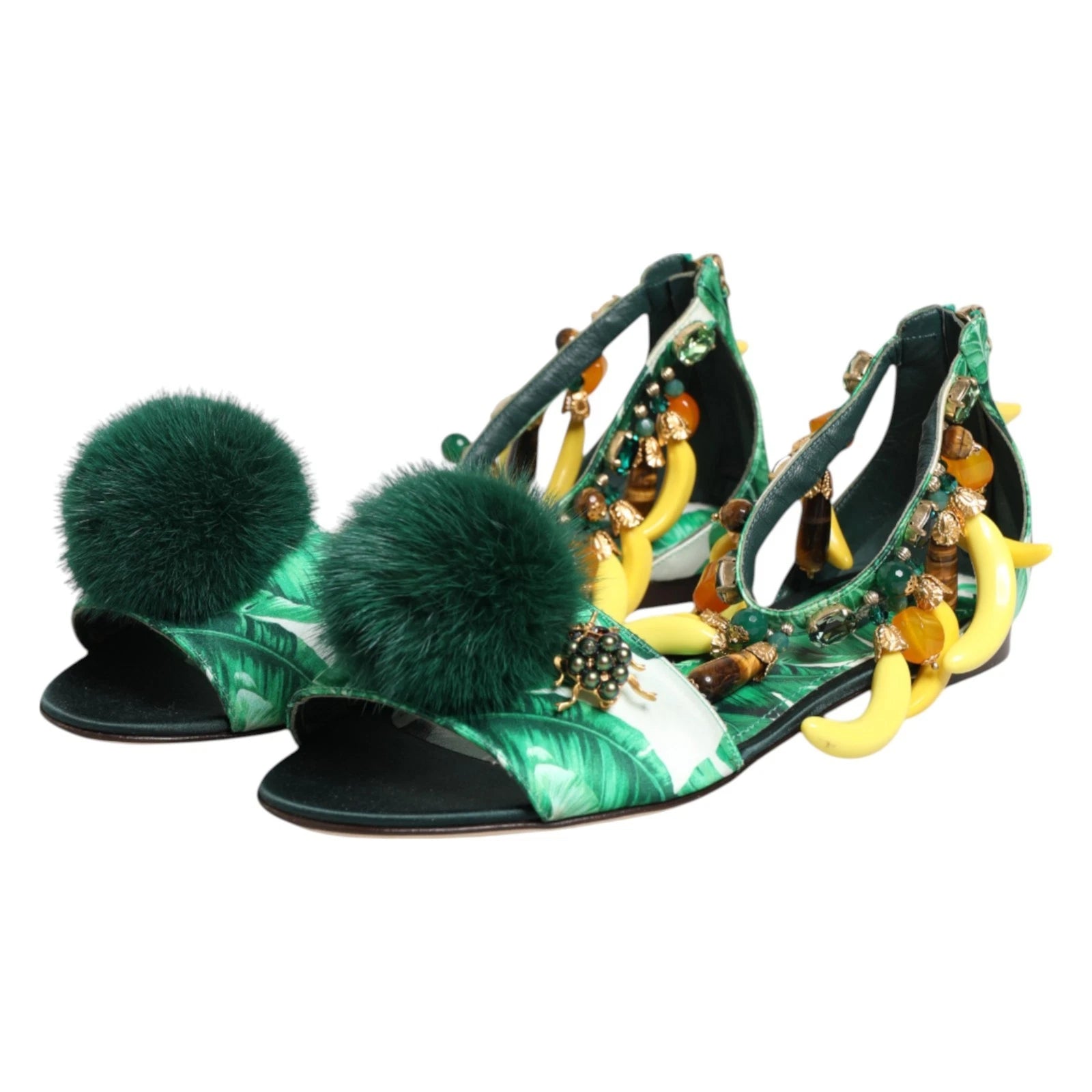 DOLCE & GABBANA Shoes Green Mink Fur Satin Banana Leaf Sandals EU36.5/US6 $1500