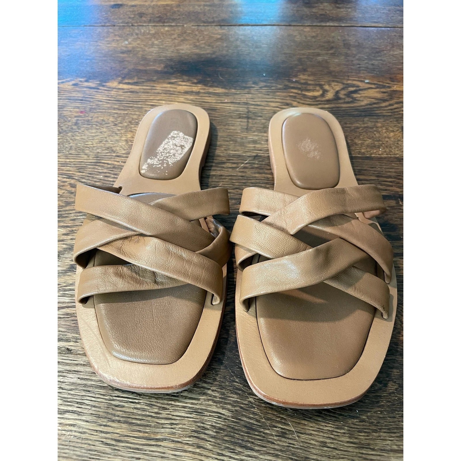 Leather Criss Cross Slide Sandals Square Toe Slip On Flats Size 9