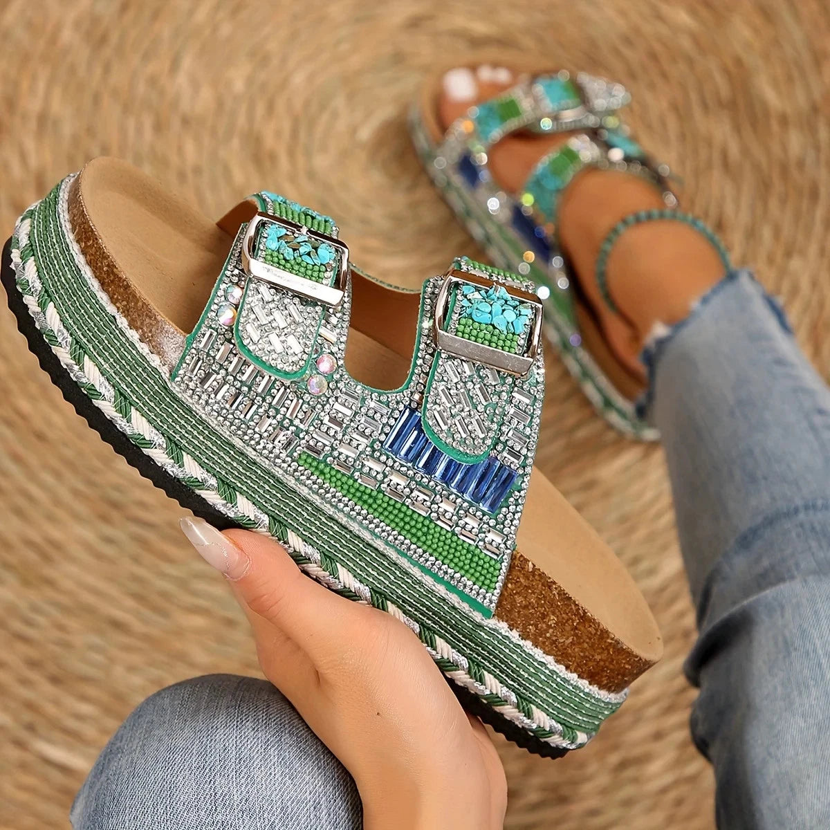 Heel Rhinestone Glitter Sandals, Double Buckle Slides with PP Insole and MD Sole