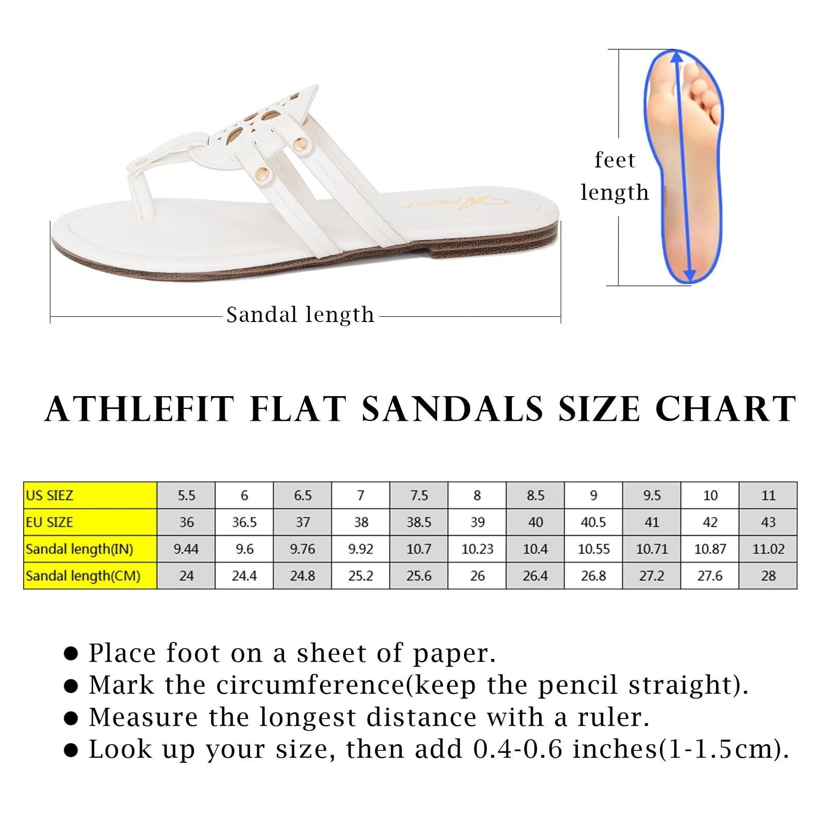 Athlefit Womens Flat Sandals Leather Casual Beach Slip Ons White Sandal Size 6.5