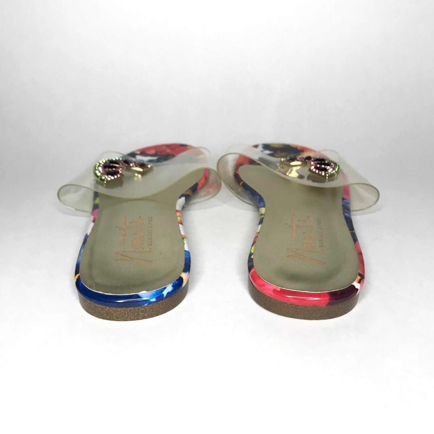 Nanette Lepore Women's Sandals Jeweled Transparent Watermelon Floral Sz 8M