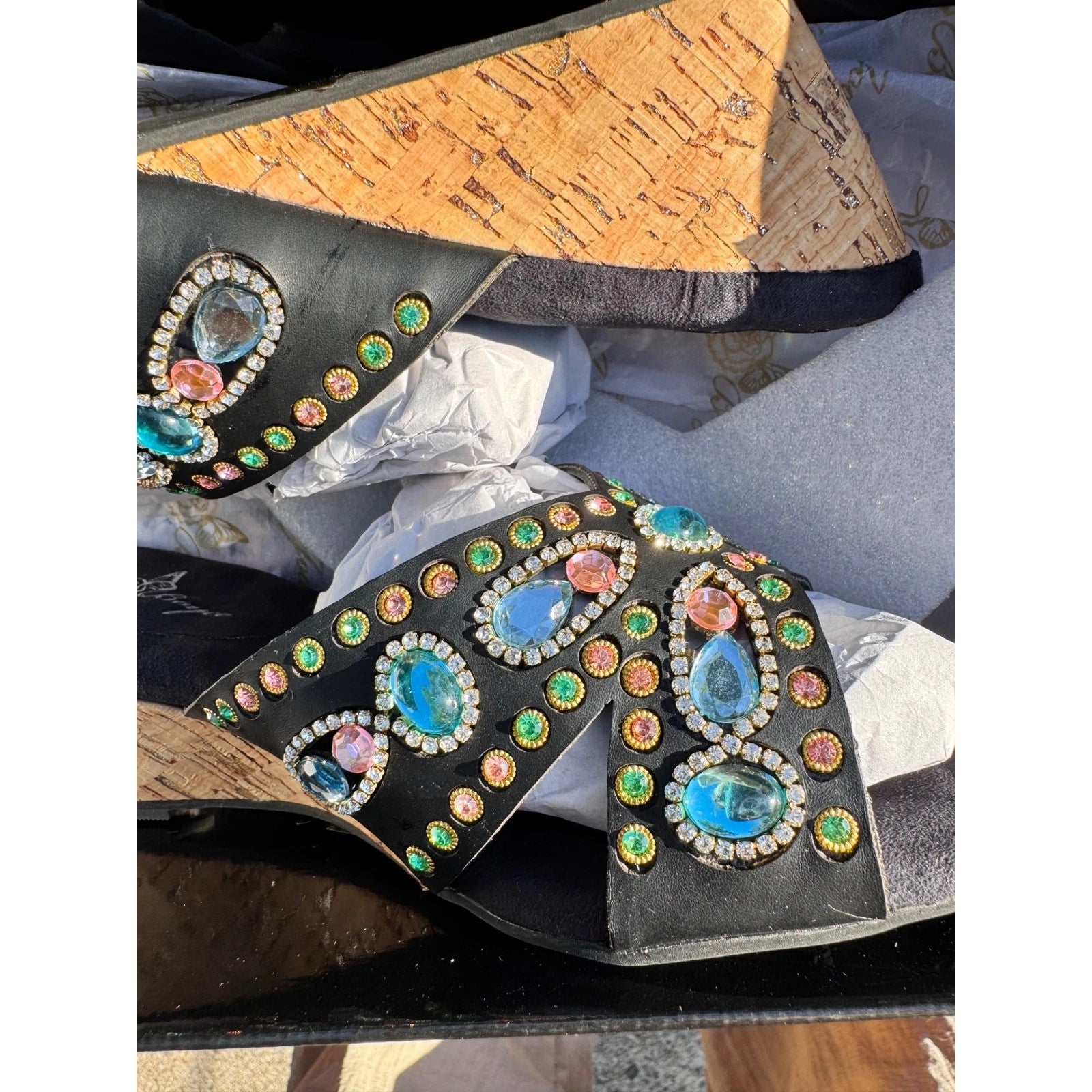 Joan Boyce Embellished Wedge Sandals Black Multi Rhinestone Slides Womens 7W NIB