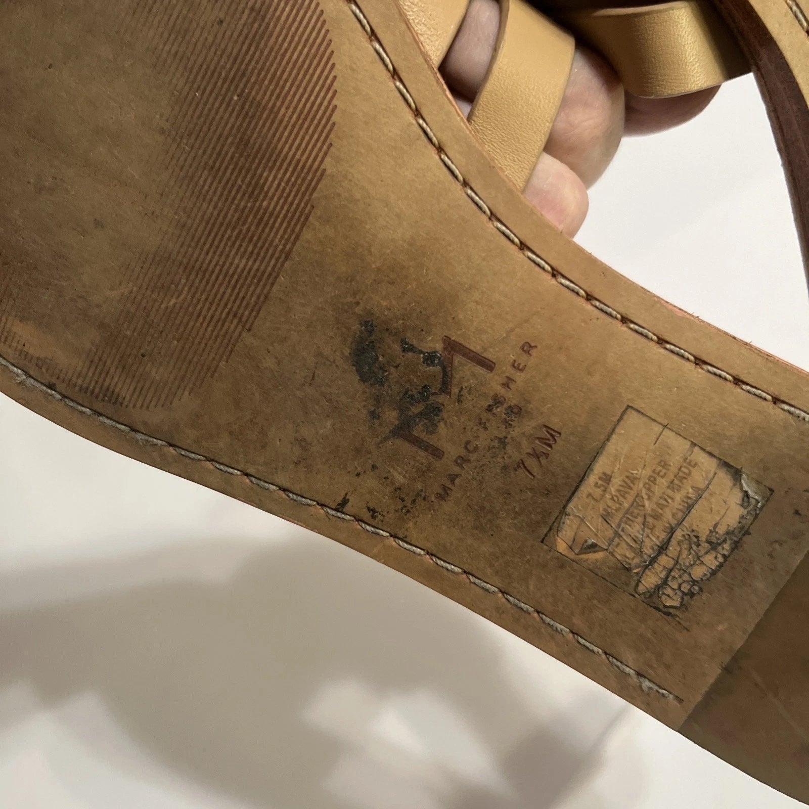 Marc Fisher Sandals Womens 7.5 Tan Pava Slides Studded Flat Leather Gladiator