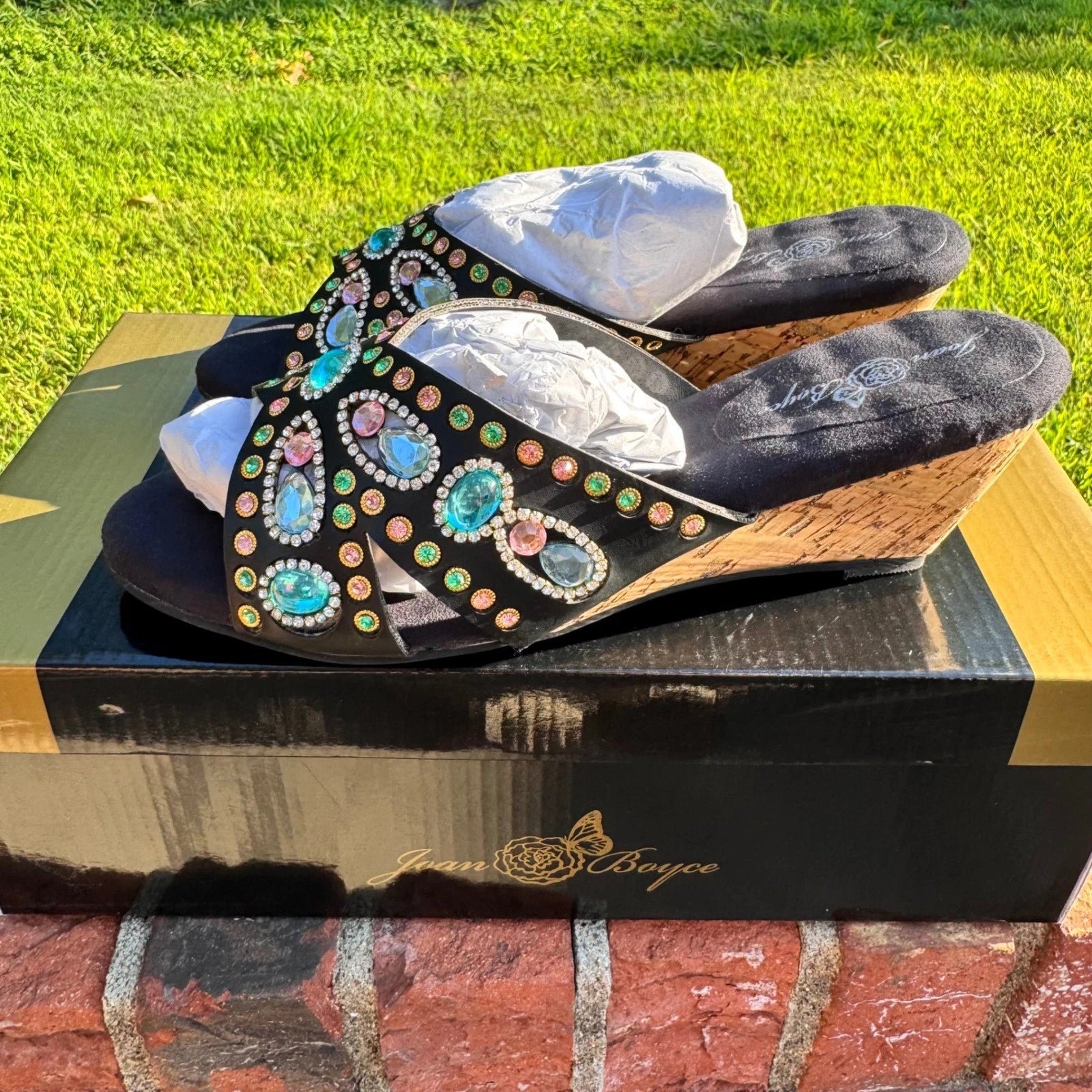 Joan Boyce Embellished Wedge Sandals Black Multi Rhinestone Slides Womens 7W NIB