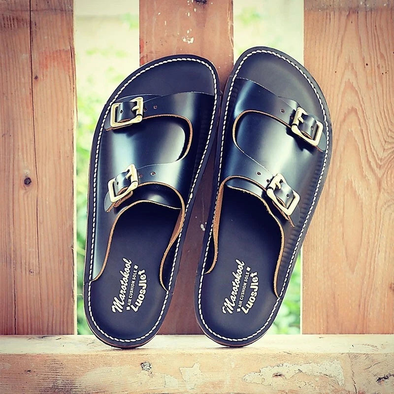 Korean Style Handmade Handcrafted Genuine Leather Slide On Flip Flops Sandals