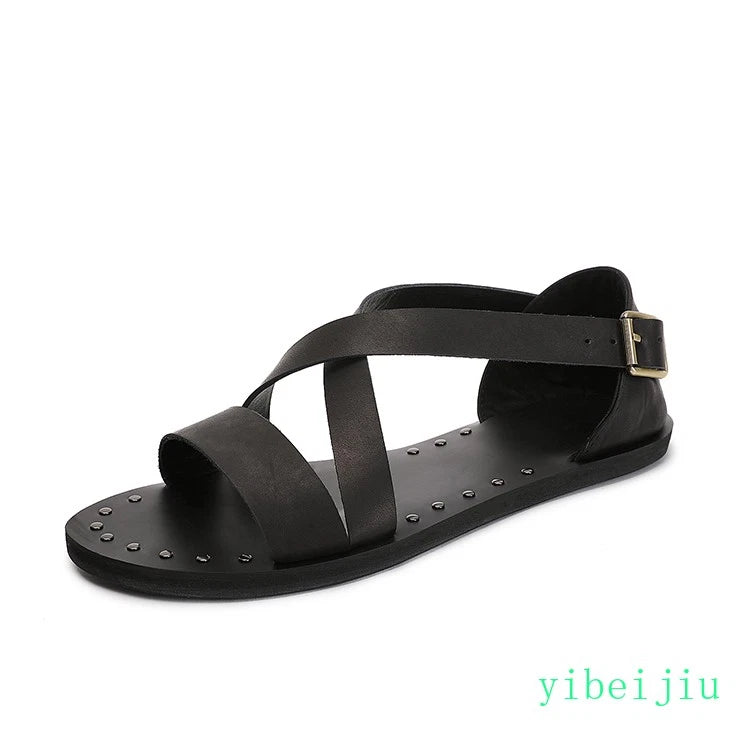 Fashion Men's Real Leather Summer Beach Roman Sandals Studded Shoes Flat Vintage