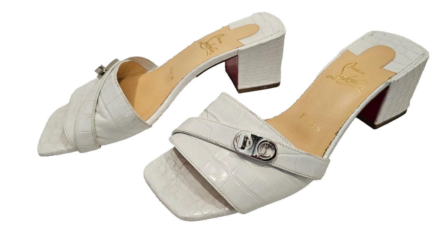 CHRISTIAN LOUBOUTIN White Calfskin Crocodile Embossed Lock Art 55 Slides - 37.5