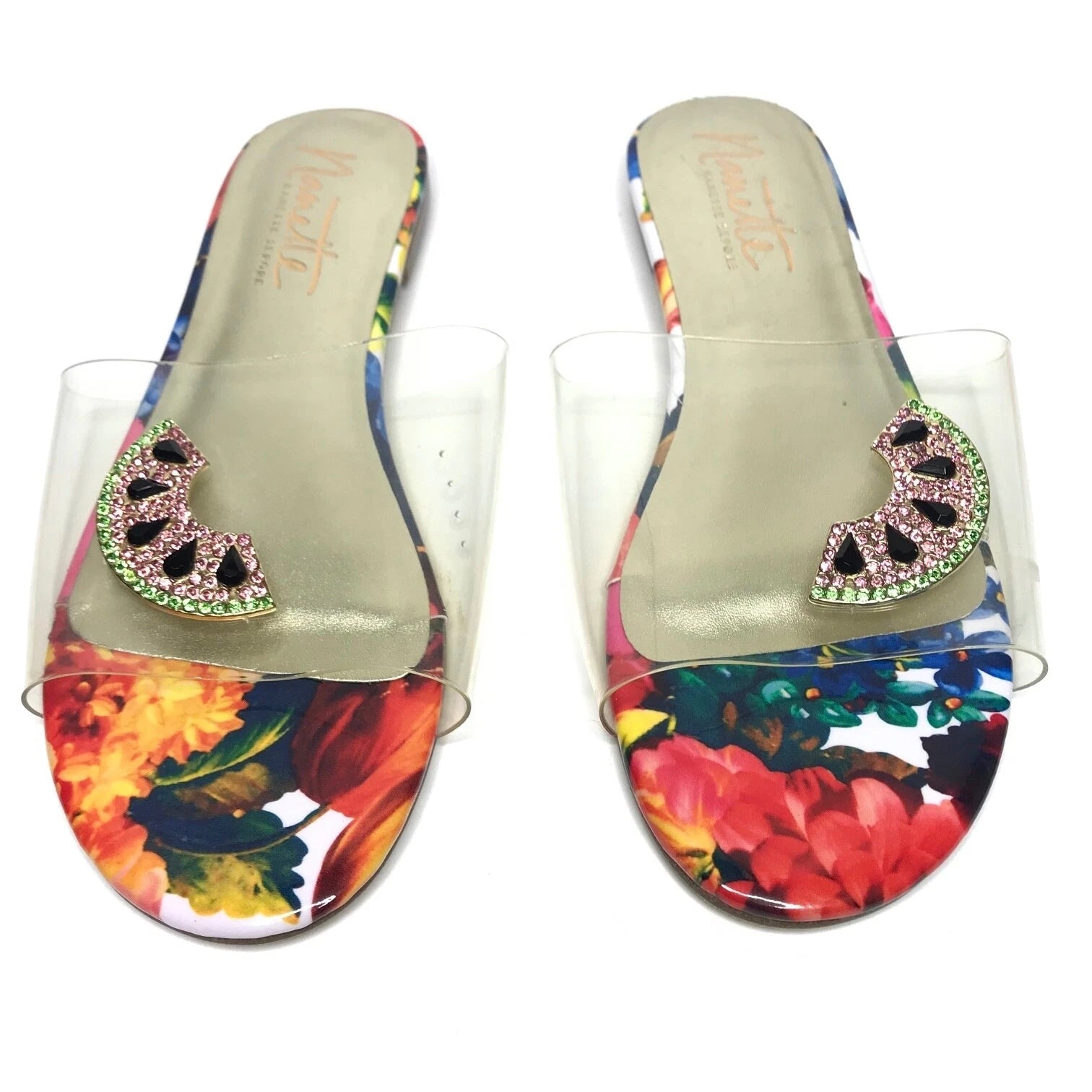 Nanette Lepore Women's Sandals Jeweled Transparent Watermelon Floral Sz 8M