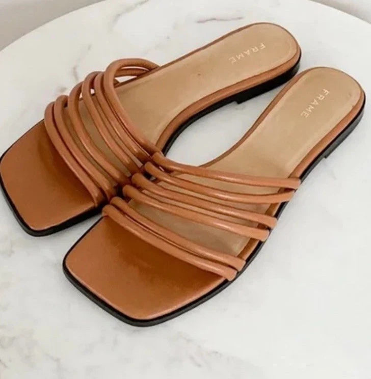 FRAME Le Capri Strappy Slide Sandals  Tan Leather Sz 40 $298