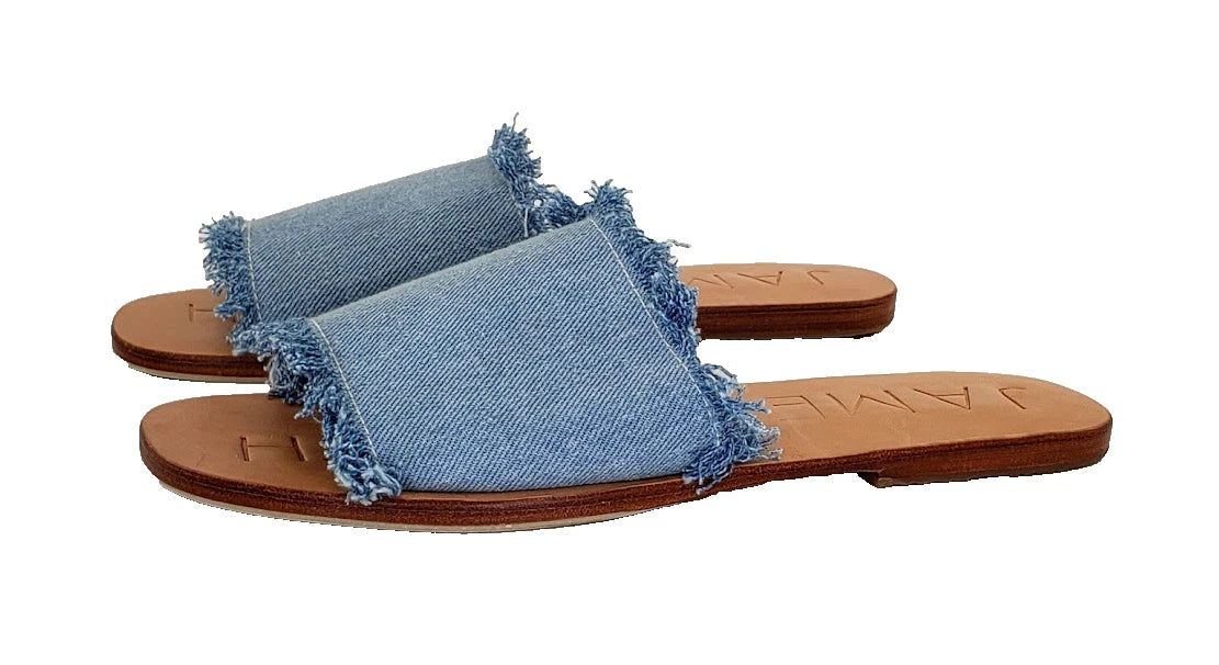 James Smith Womens Sandals Denim Slides Frayed Leather Sole Size 38 NEW