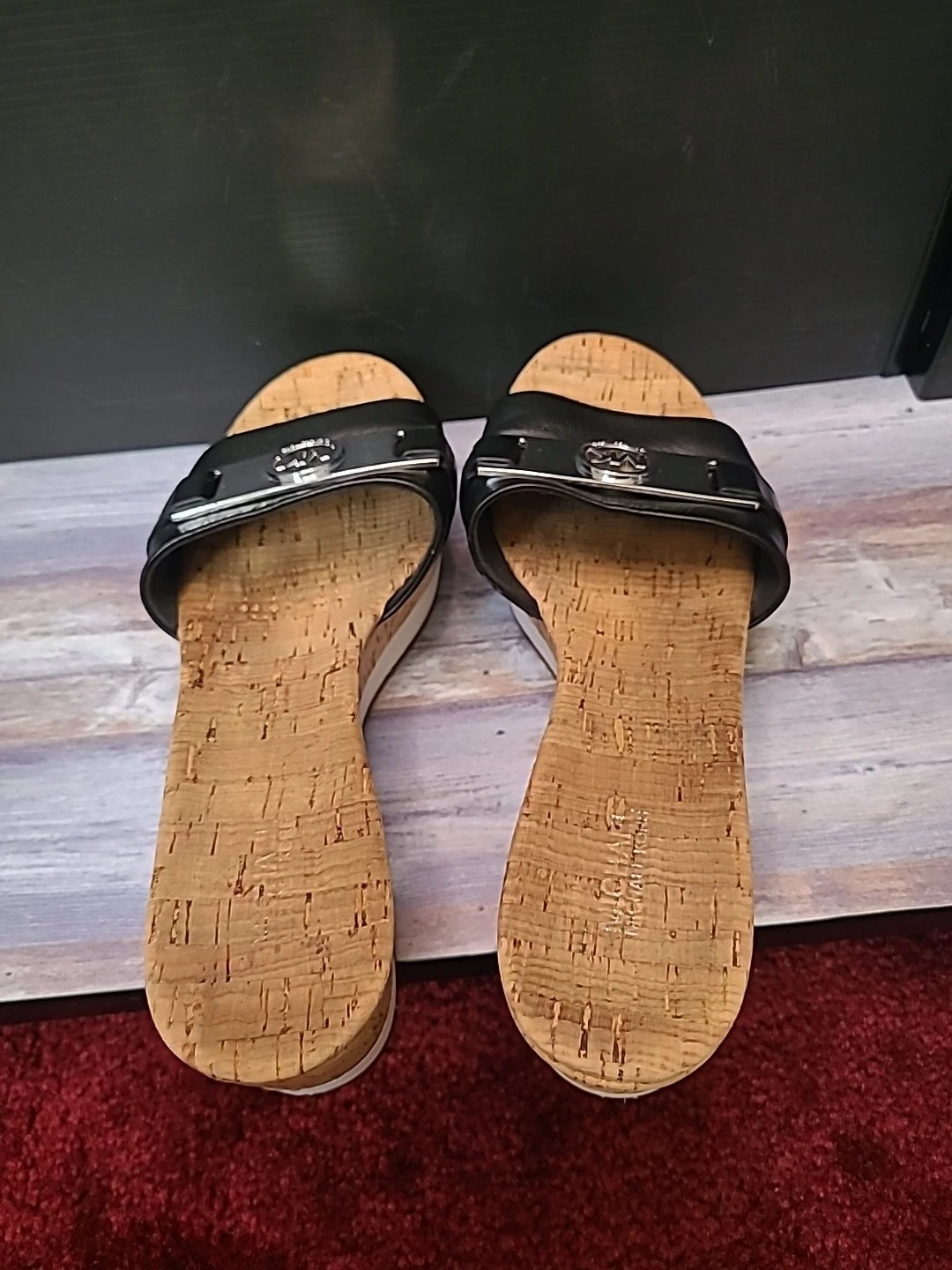 Michael Kors Warren Platform Sandal 8.5M Black Wedge Shoe Cork Open Toe Slide