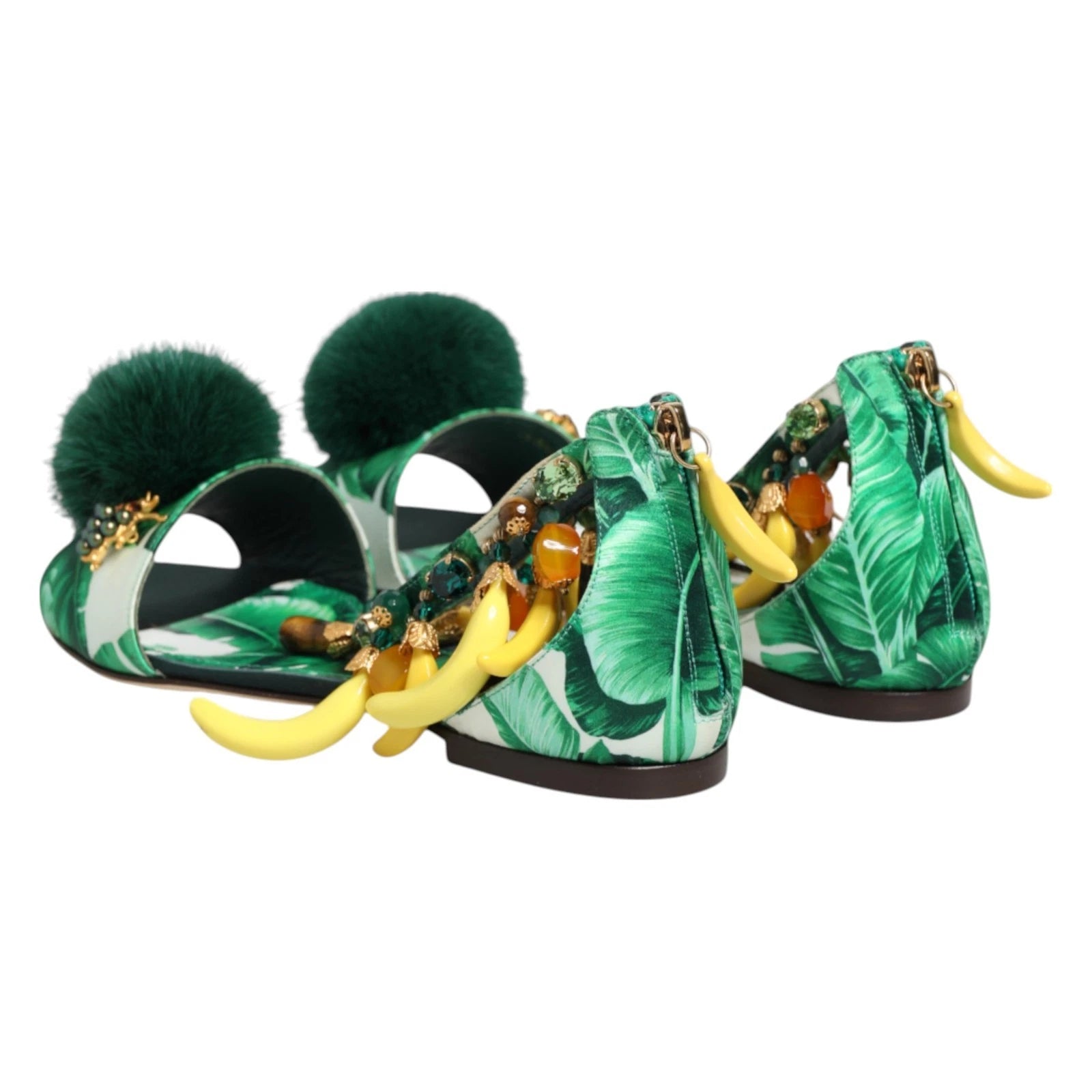 DOLCE & GABBANA Shoes Green Mink Fur Satin Banana Leaf Sandals EU36.5/US6 $1500