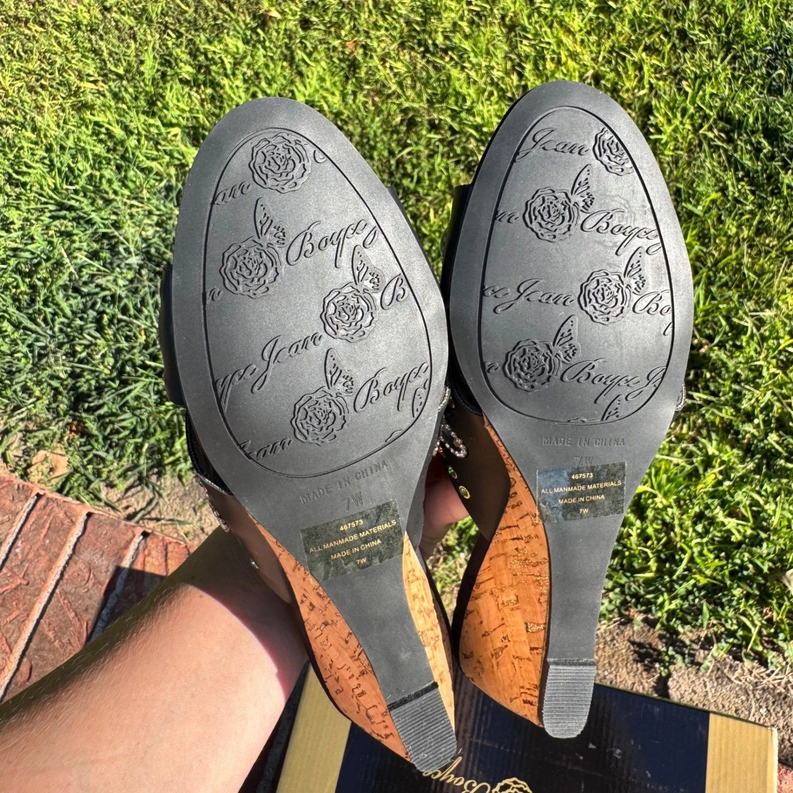 Joan Boyce Embellished Wedge Sandals Black Multi Rhinestone Slides Womens 7W NIB