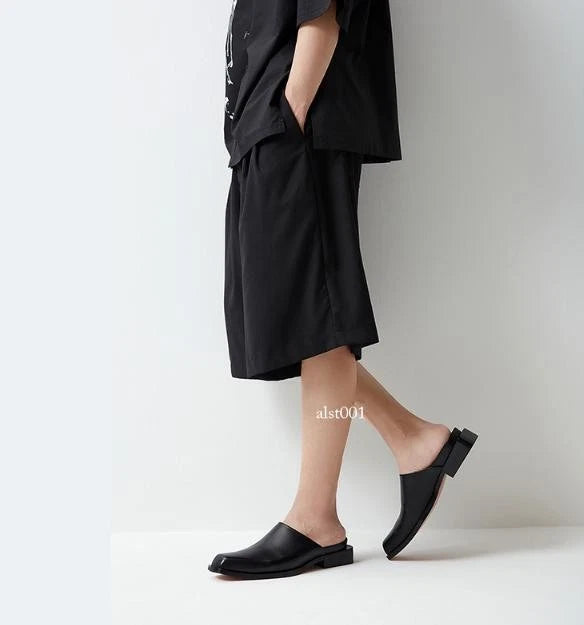 Men's Square Toe Genuine Leather Slippers Fashion Casual Mules Slides Shoes