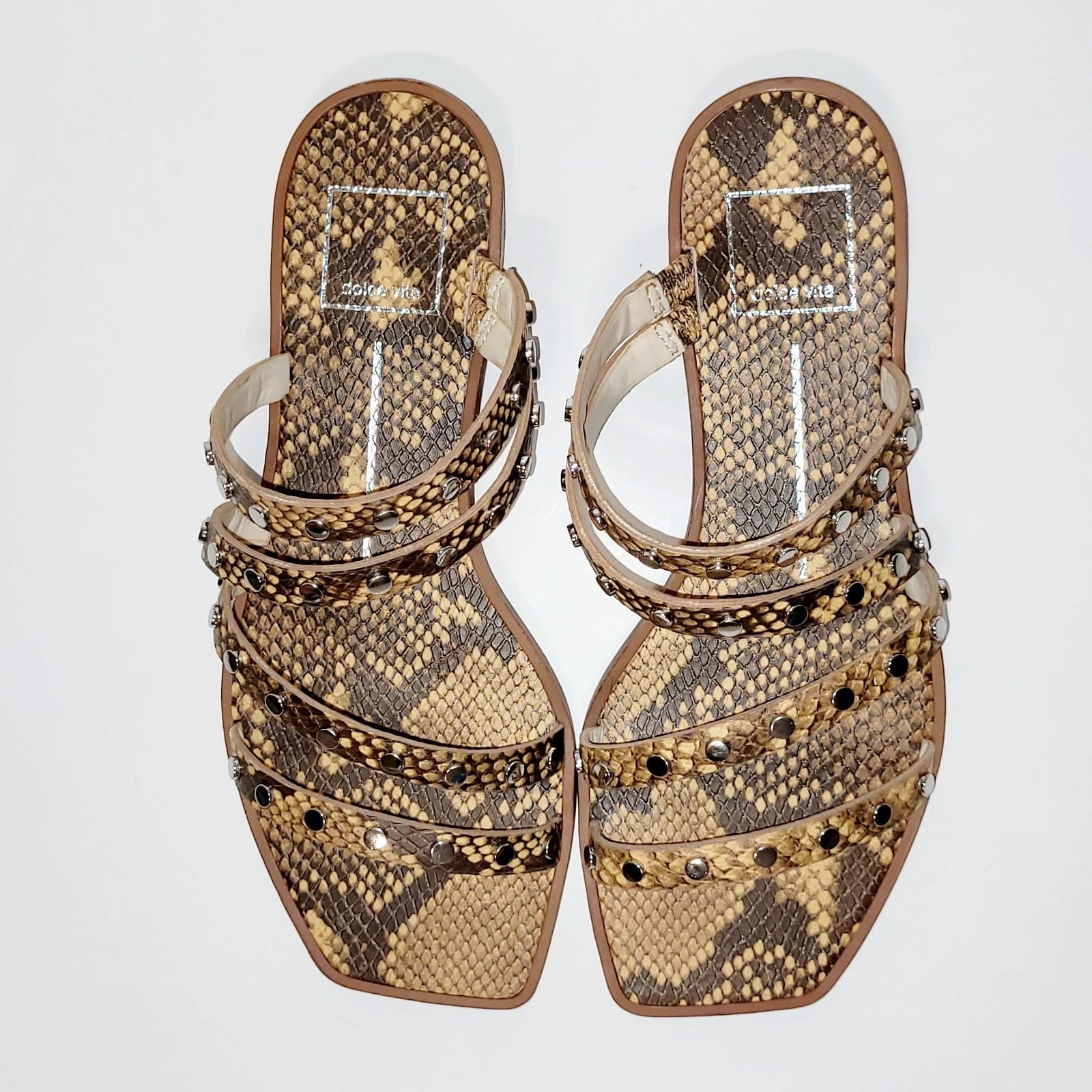 Dolce Vita Izabel Stud Mango Snake Print Square Toe Flat Slide Sandals Wms 6.5M