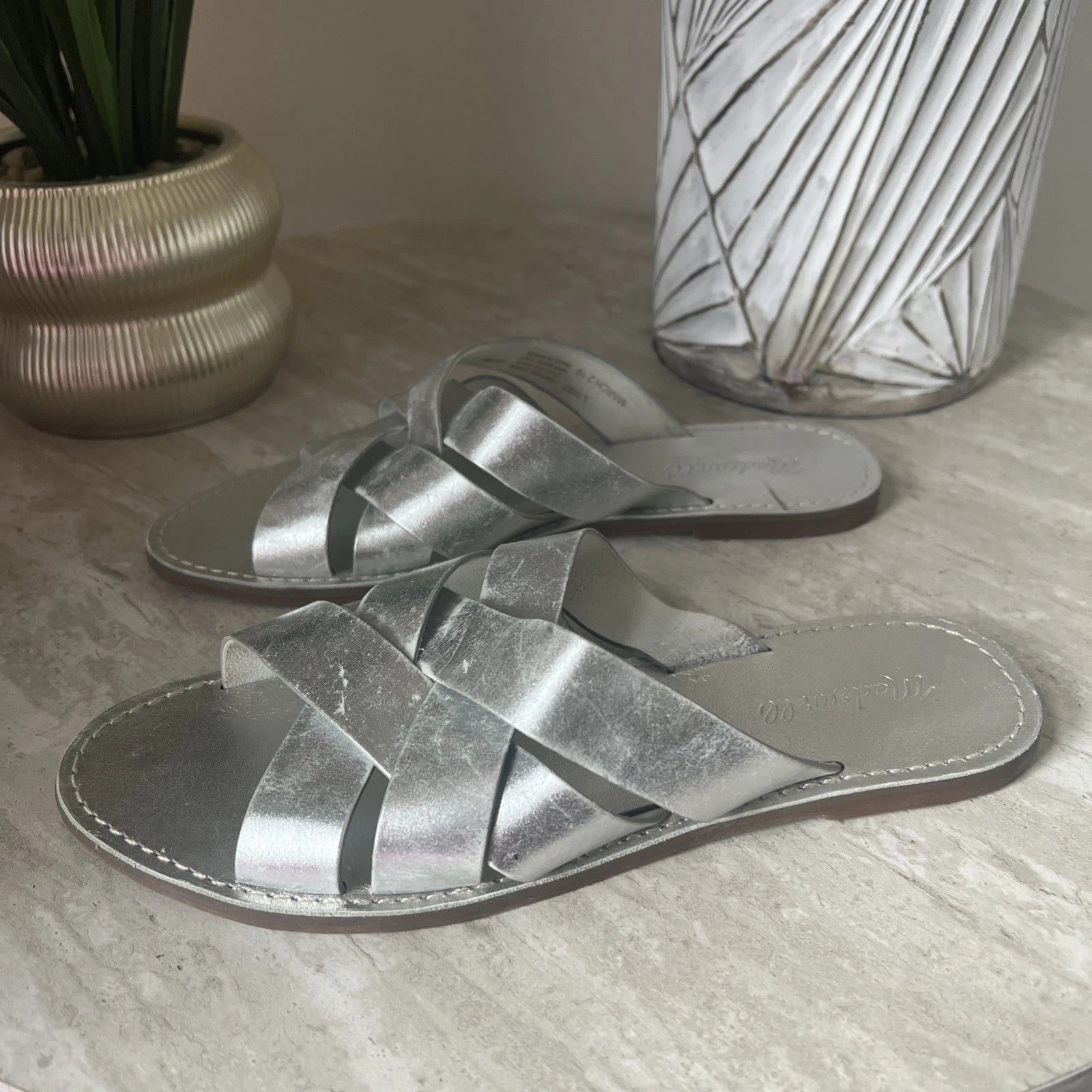 Madewell The Boardwalk Woven Slide Sandals Womens 9 Metallic Silver Open Toe