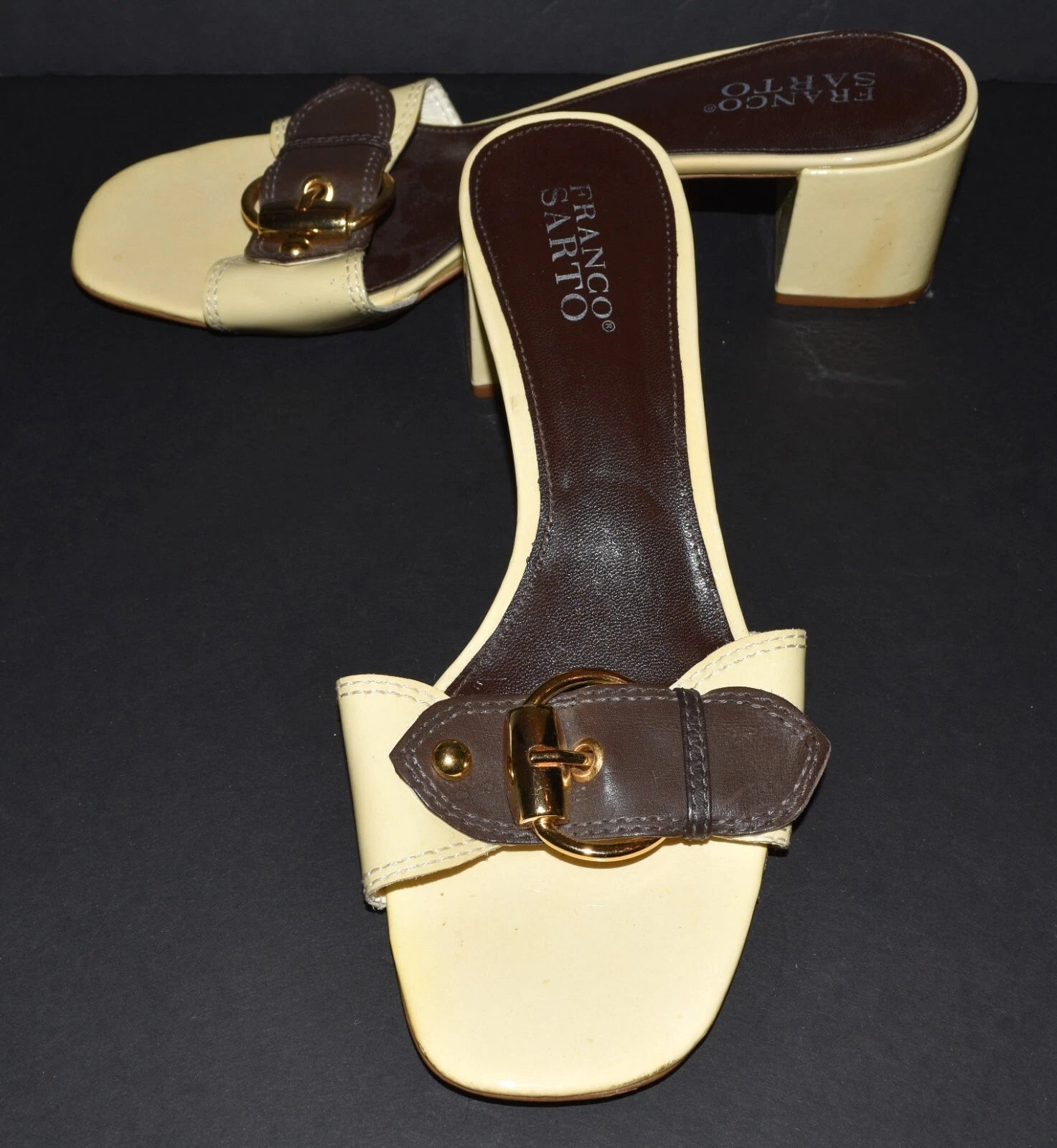 Franco Sarto Neat Yellow Patent Leather Buckle Toe Slide Sandals Size 9M Brazil