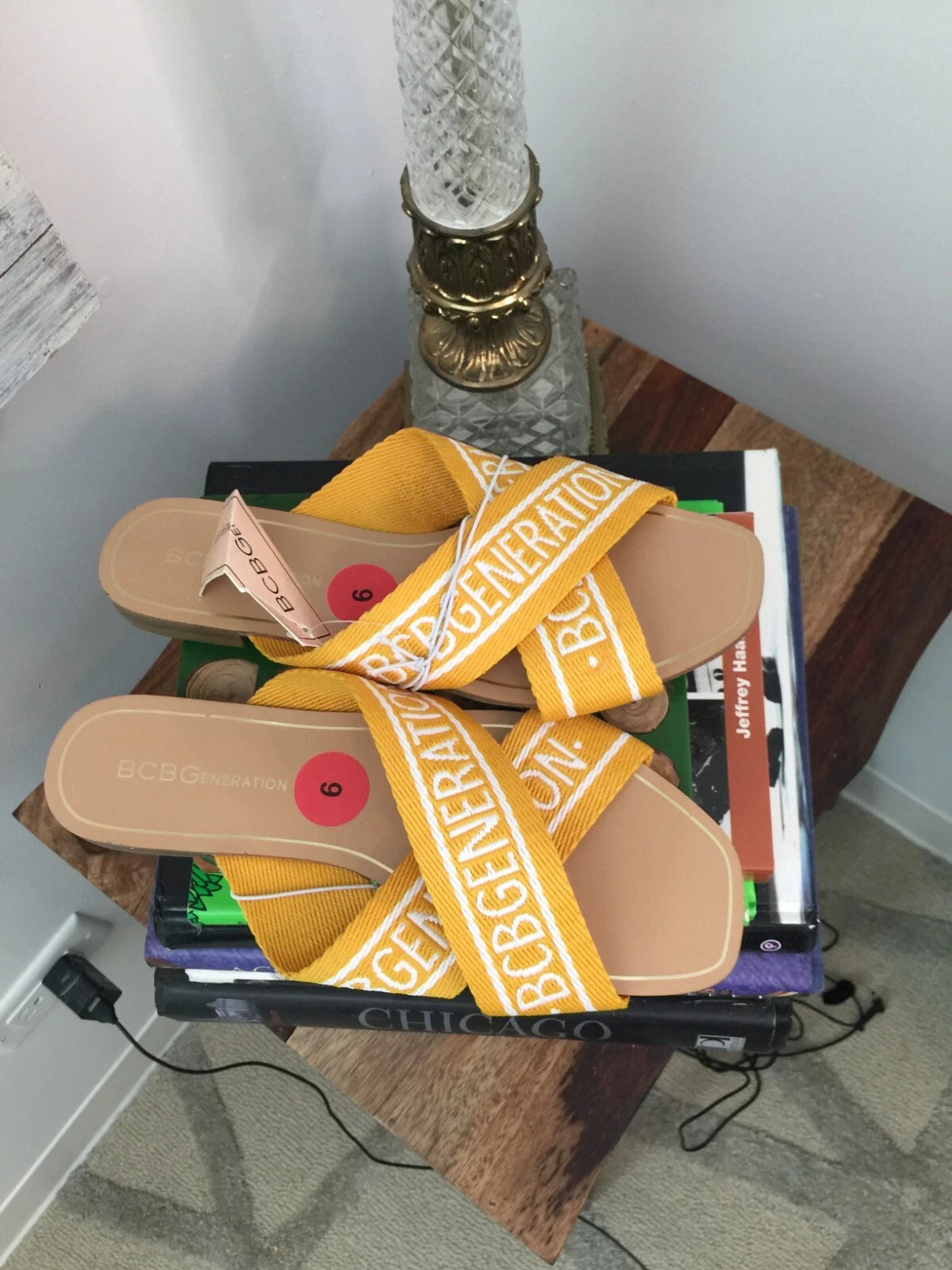 BCBG NEW Flats Slides Sandals 6 Yellow Mustard white LOGO KEENA STYLE