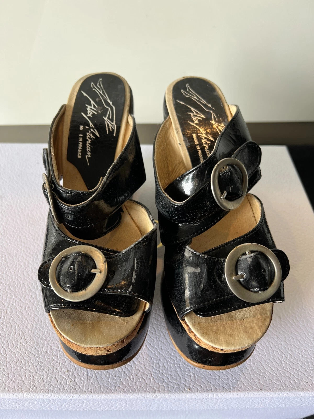 ALEX ARTINIAN France 70-80s Black Leather Platform Wedge Slides Sandals 37EU/7US