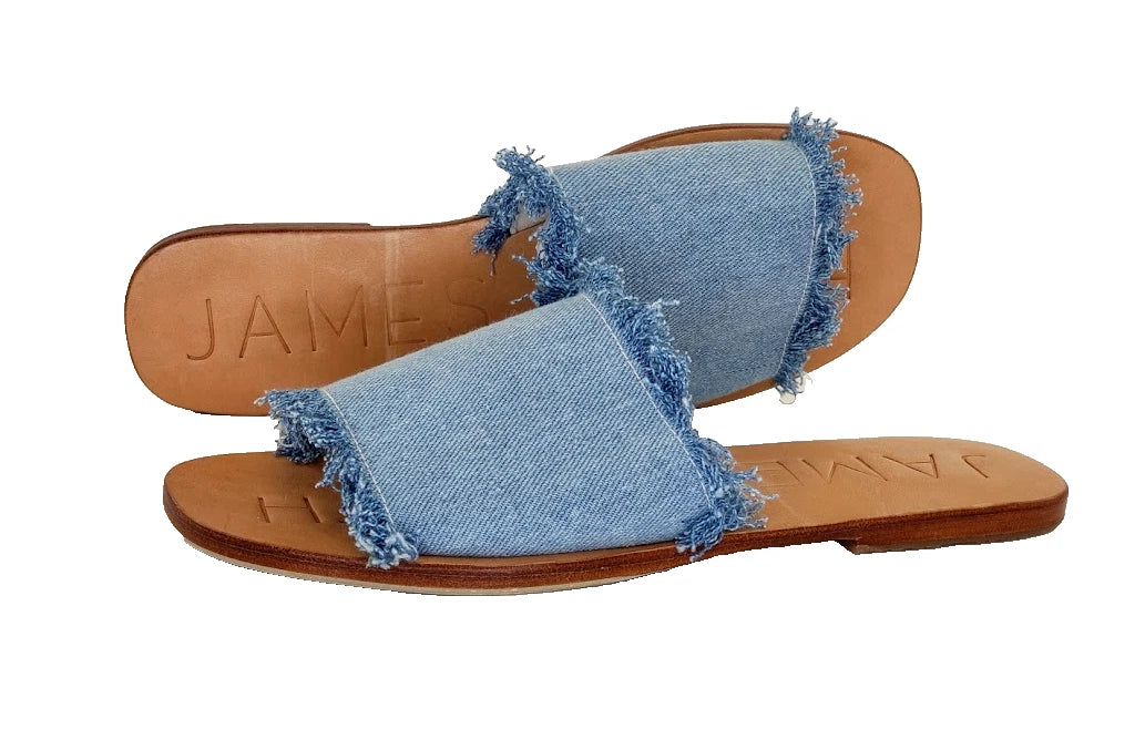 James Smith Womens Sandals Denim Slides Frayed Leather Sole Size 38 NEW