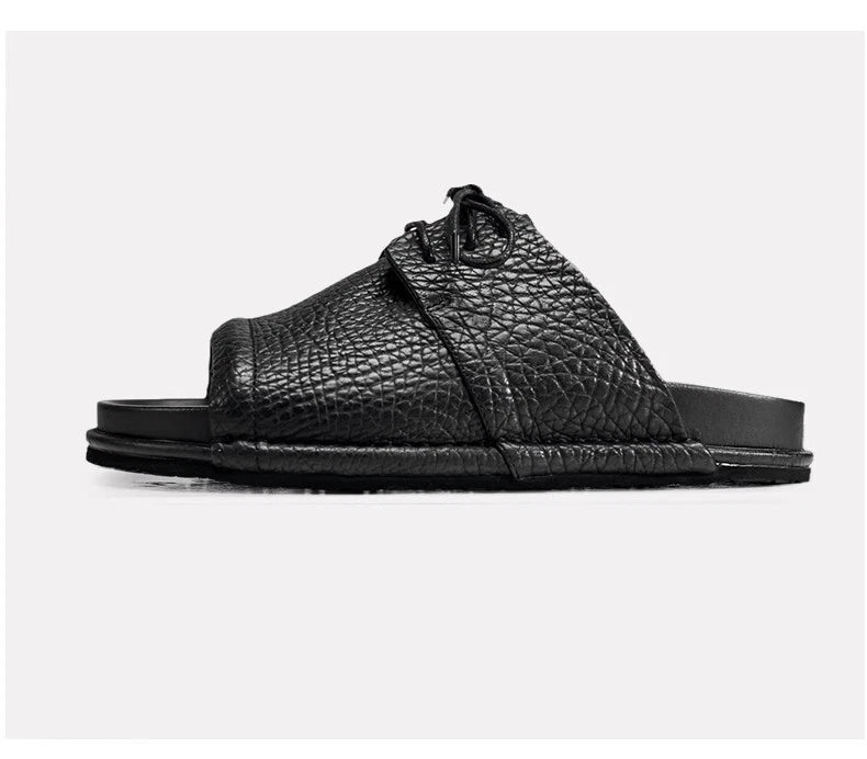 Men's Real Leather Slippers Open Toe Sandals Slides Lace Up Flat Comfort Casual