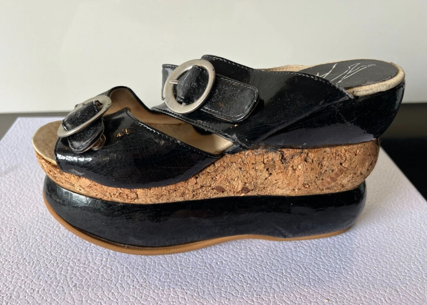 ALEX ARTINIAN France 70-80s Black Leather Platform Wedge Slides Sandals 37EU/7US