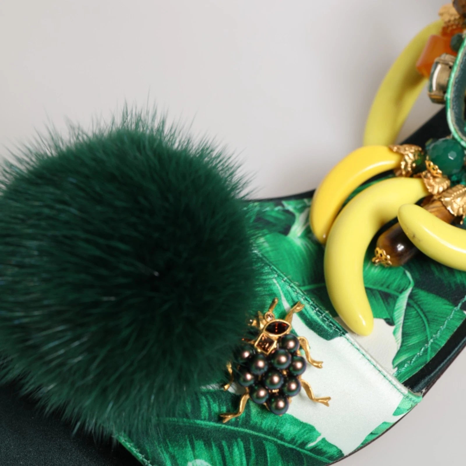 DOLCE & GABBANA Shoes Green Mink Fur Satin Banana Leaf Sandals EU36.5/US6 $1500