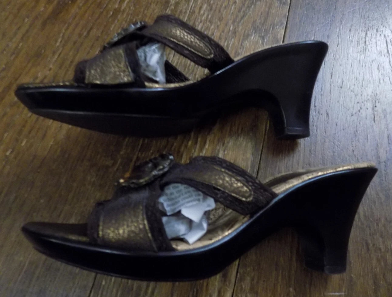 Dezario Slides Sandals 3" Heel Textured Metallic Bronze Rhinestone Bling USA 8.5