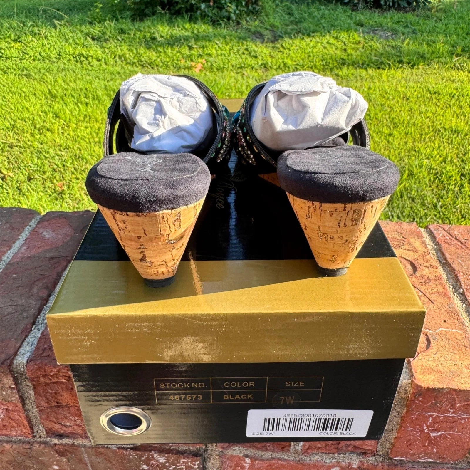 Joan Boyce Embellished Wedge Sandals Black Multi Rhinestone Slides Womens 7W NIB