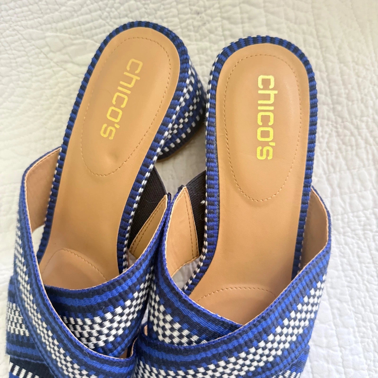 Chico's Woven Criss Cross Block Heel Sandals Blue Grotto Size 10M MSRP $148