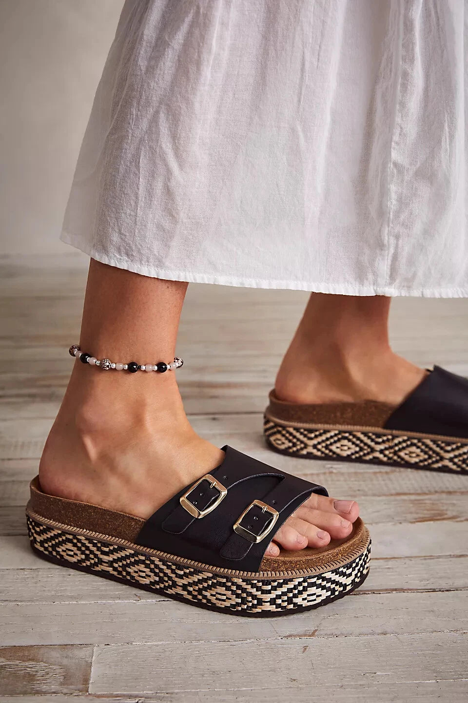 FREE PEOPLE Caravelle Cork Footbed Platform Black Boho Sandal Made In Spain 7/37