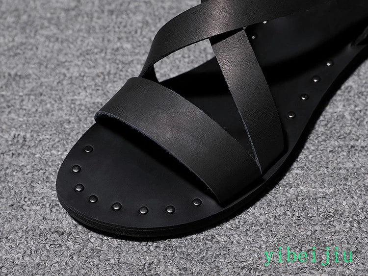 Fashion Men's Real Leather Summer Beach Roman Sandals Studded Shoes Flat Vintage