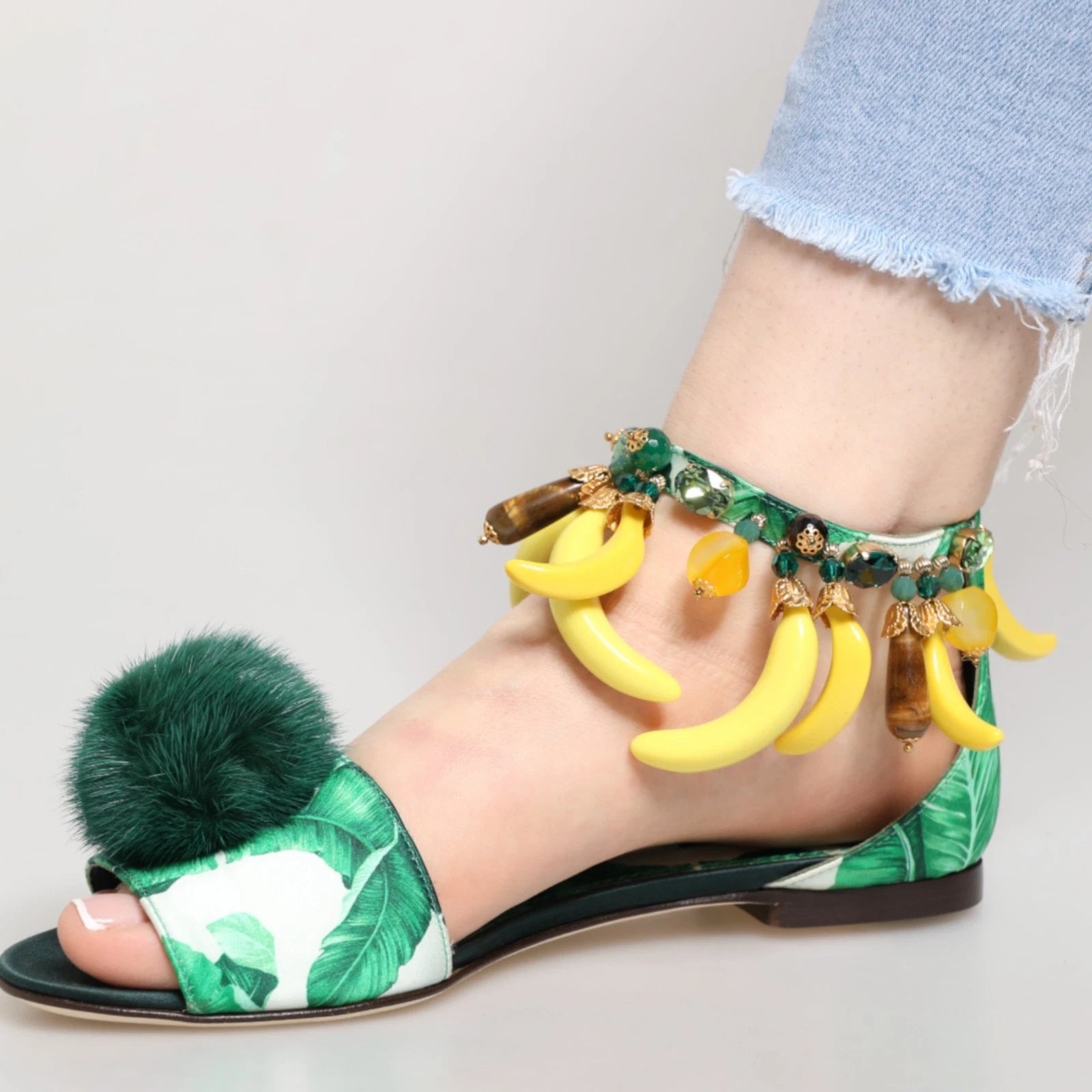 DOLCE & GABBANA Shoes Green Mink Fur Satin Banana Leaf Sandals EU35.5/US5 $1500