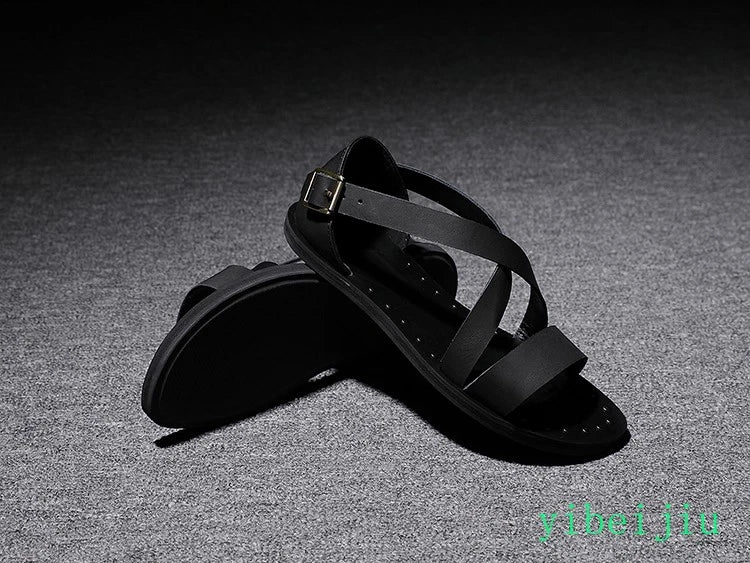 Fashion Men's Real Leather Summer Beach Roman Sandals Studded Shoes Flat Vintage