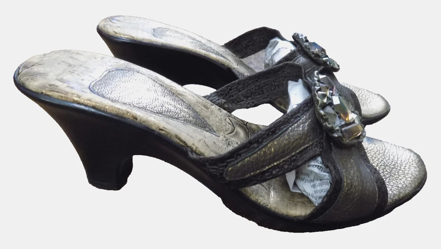 Dezario Slides Sandals 3" Heel Textured Metallic Bronze Rhinestone Bling USA 8.5