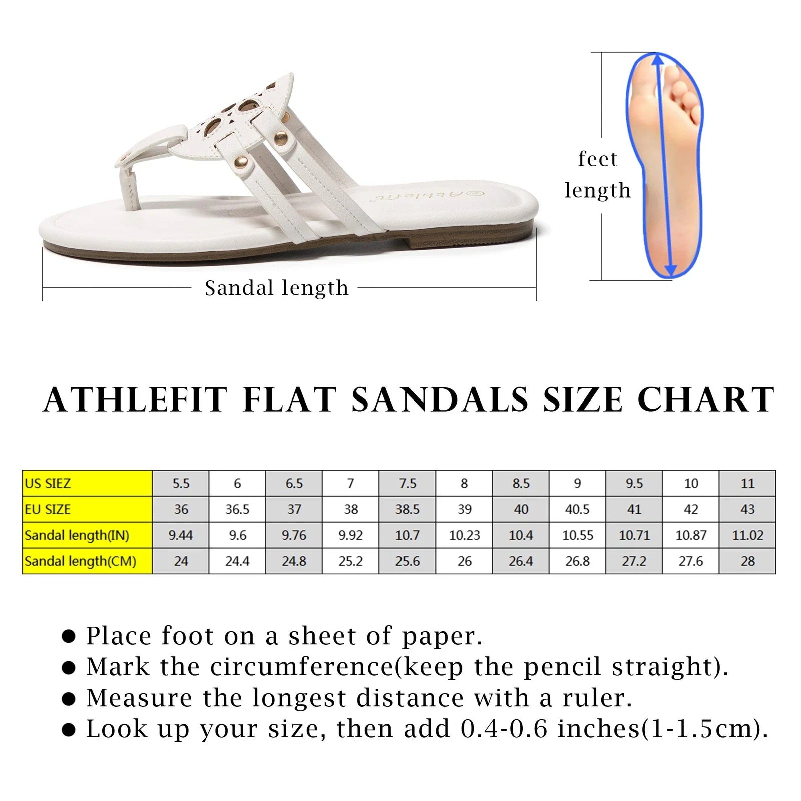 Athlefit Womens Flat Sandals Leather Casual Beach Slip Ons White Sandal Size 6.5