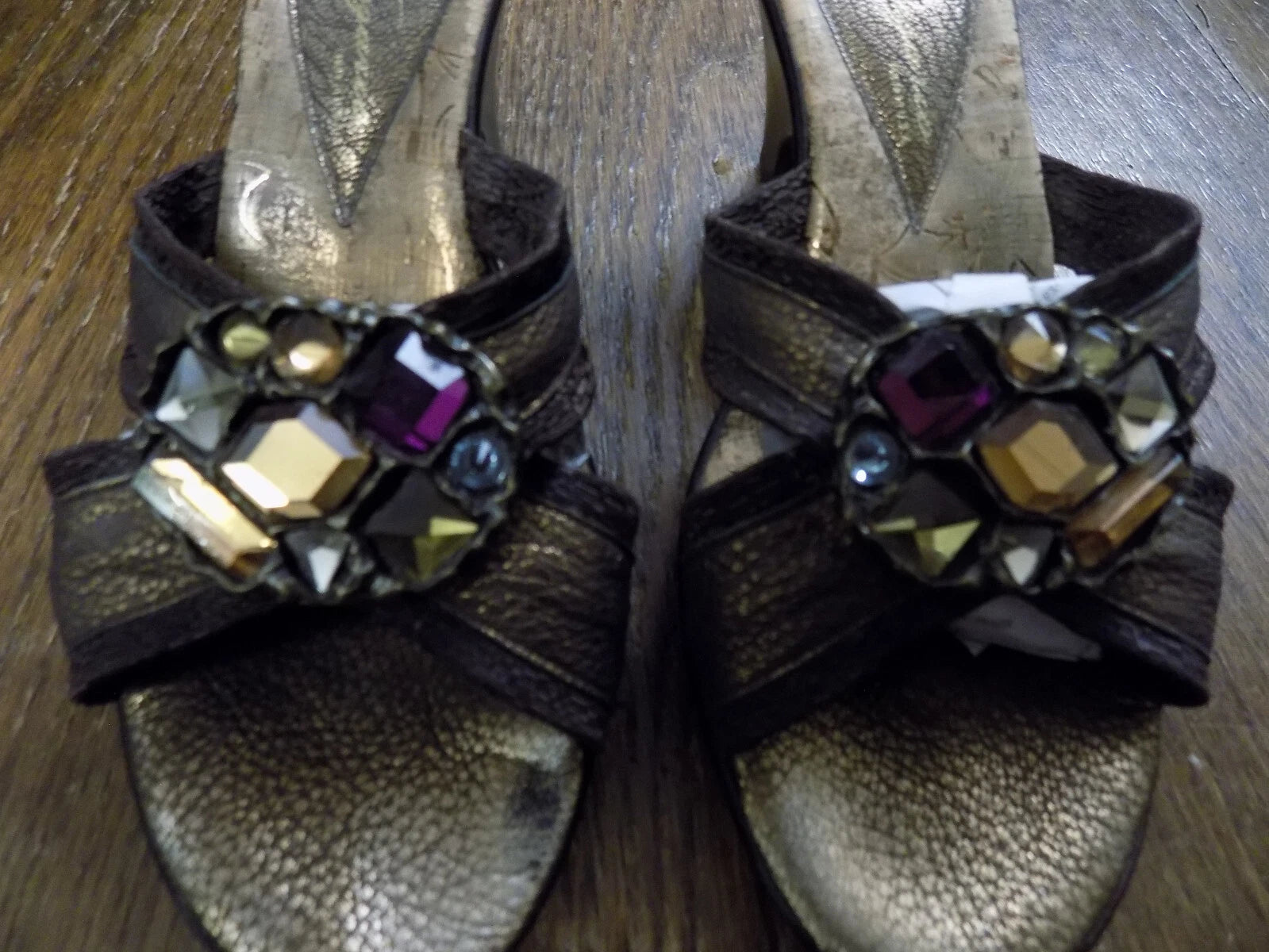 Dezario Slides Sandals 3" Heel Textured Metallic Bronze Rhinestone Bling USA 8.5