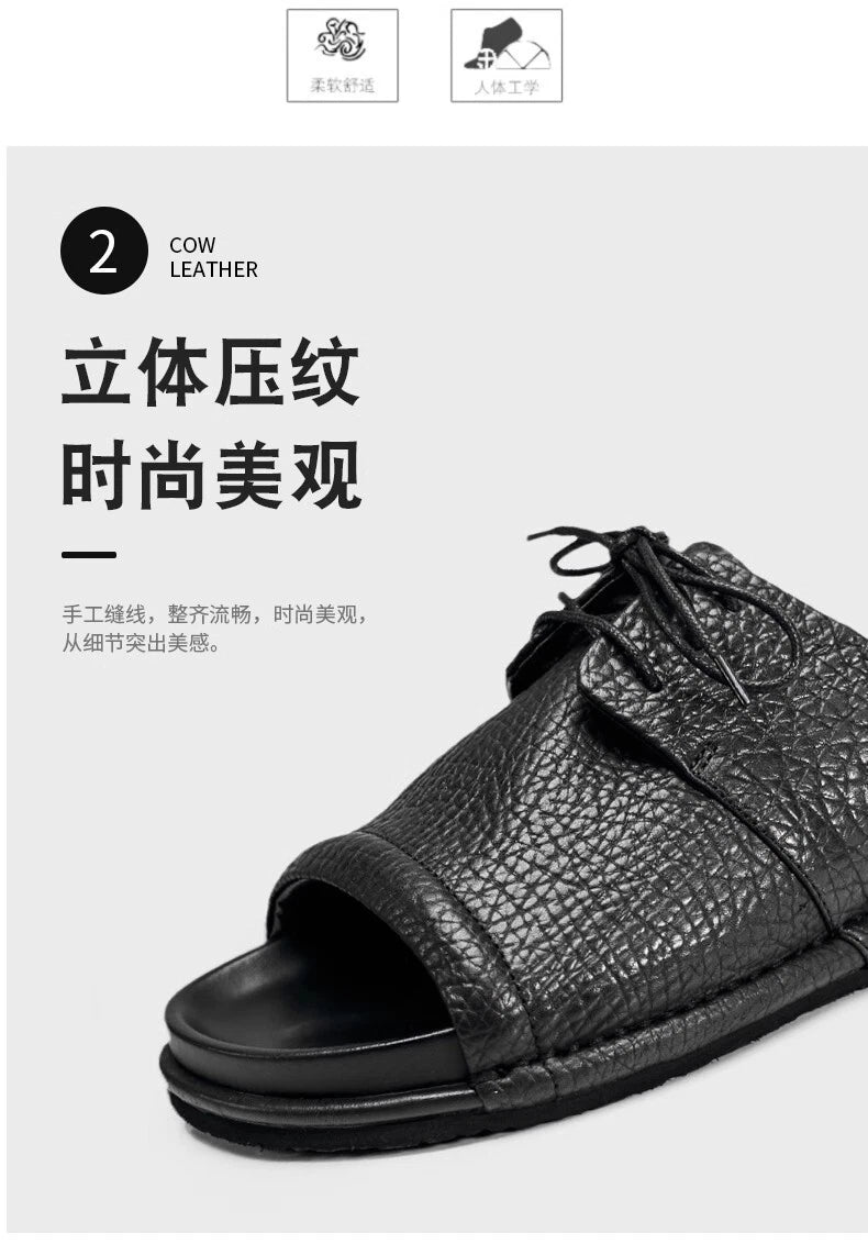 Men's Real Leather Slippers Open Toe Sandals Slides Lace Up Flat Comfort Casual