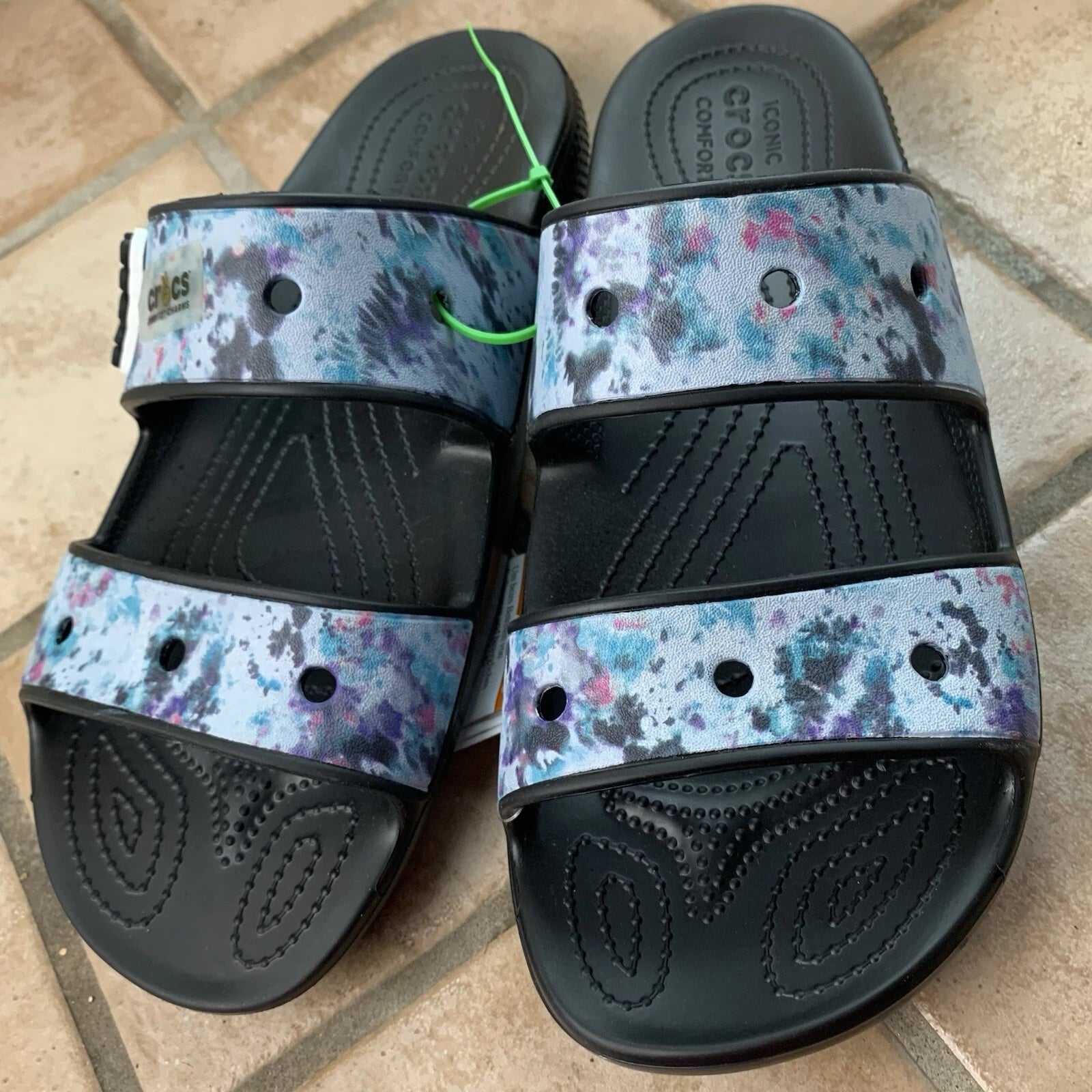 Crocs Classic Blue Tie Dye Style Slides Womens 12 Mens 10 Jibbitz Ready NWT