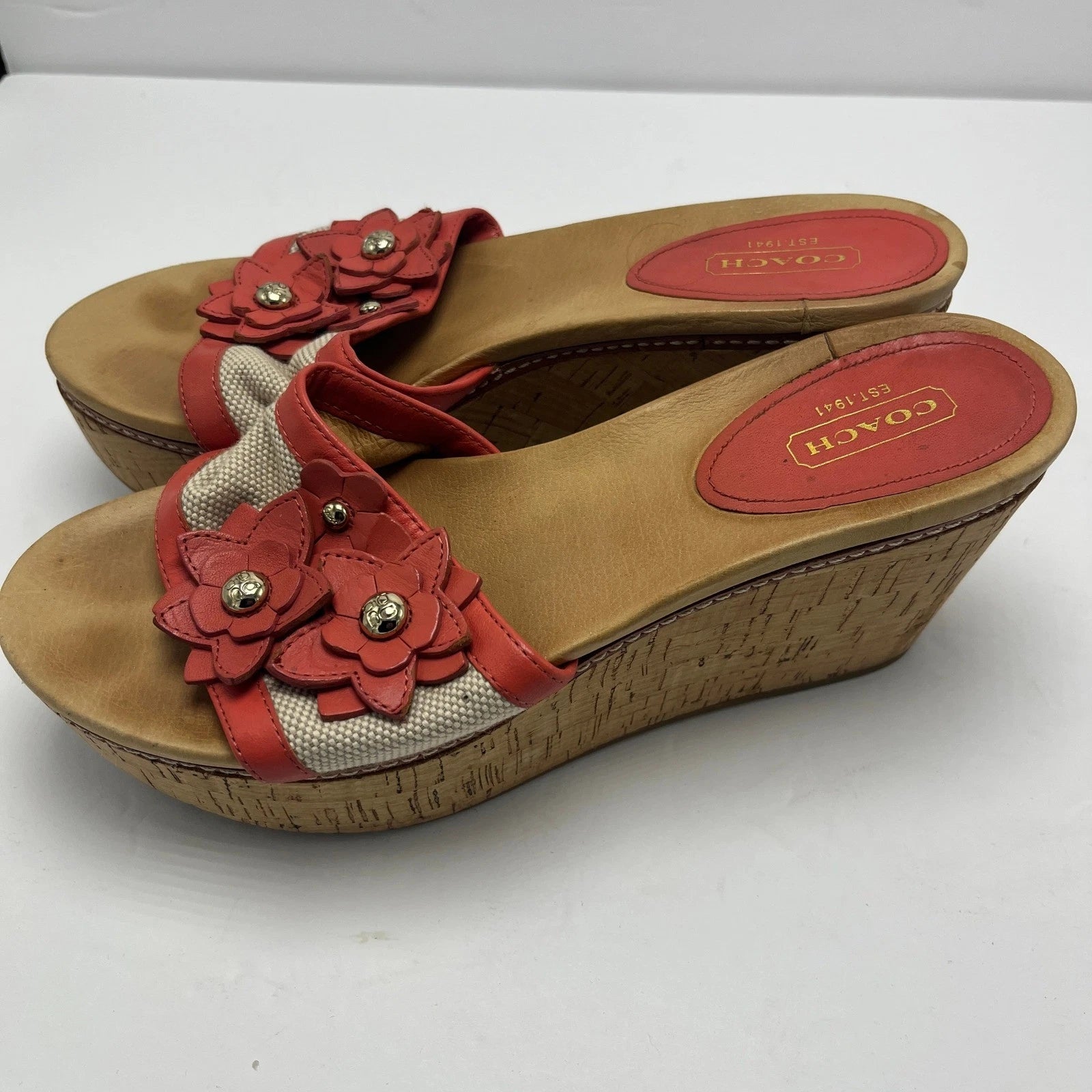 Coach Jesaca Floral Wedge Sandals Slides Platform Cork Heels Red Sz 7B A8663