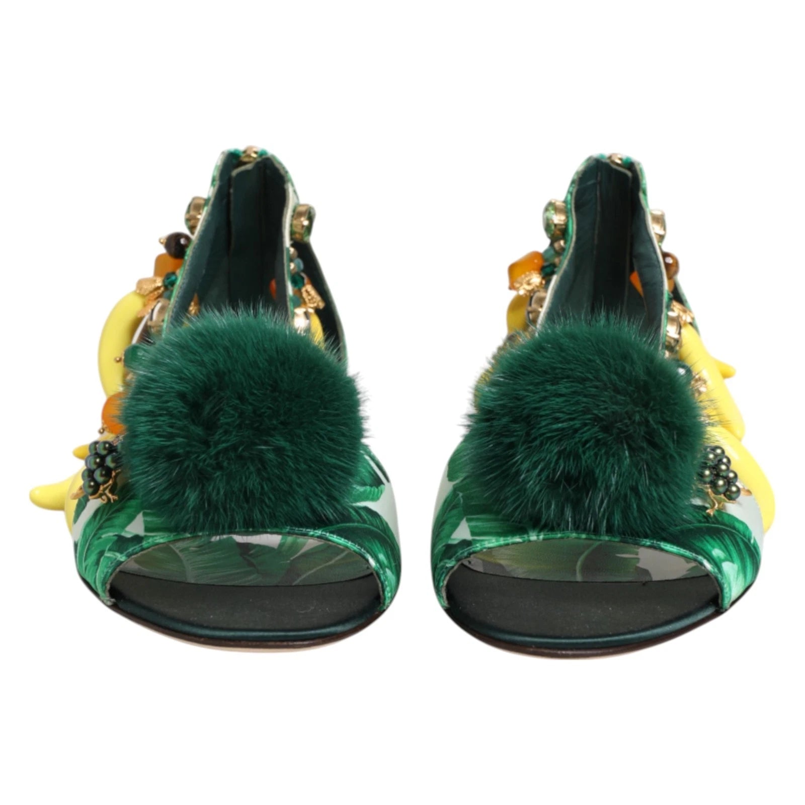 DOLCE & GABBANA Shoes Green Mink Fur Satin Banana Leaf Sandals EU35.5/US5 $1500