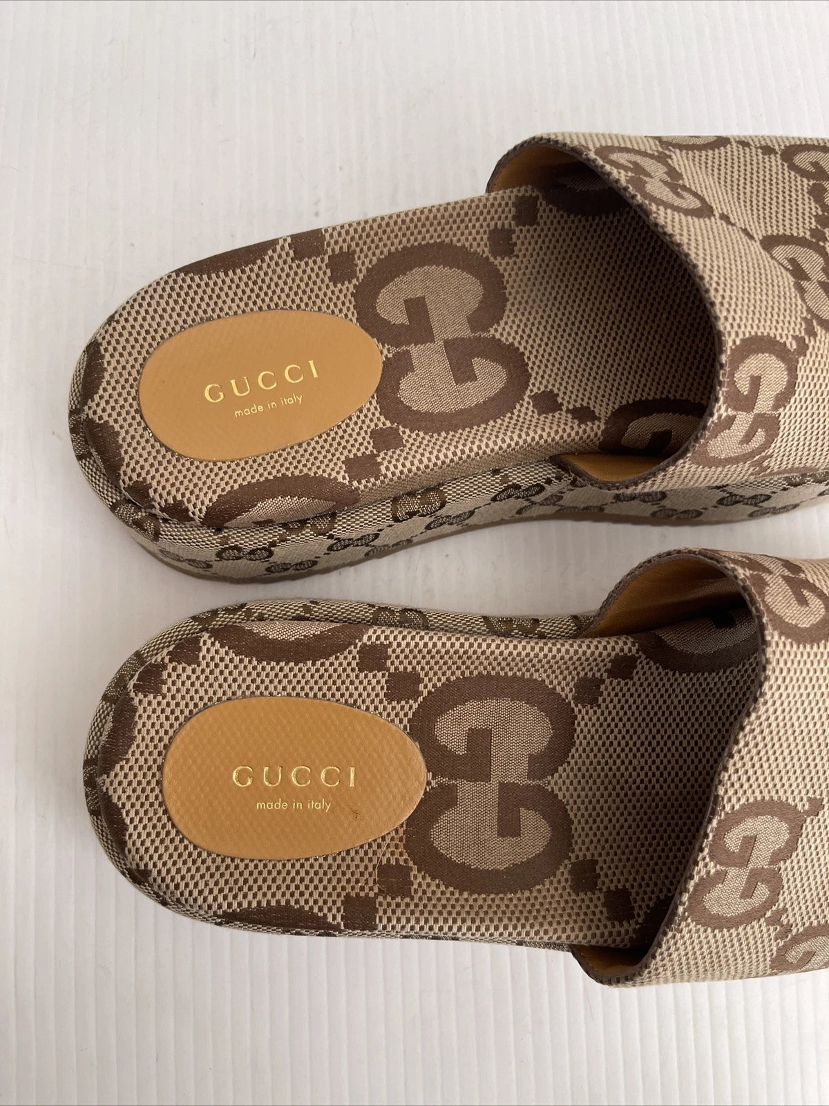 Gucci Womens Angelina Maxi GG Platform Slide Sandals- Beige Canvas- 40.5 /10.5US