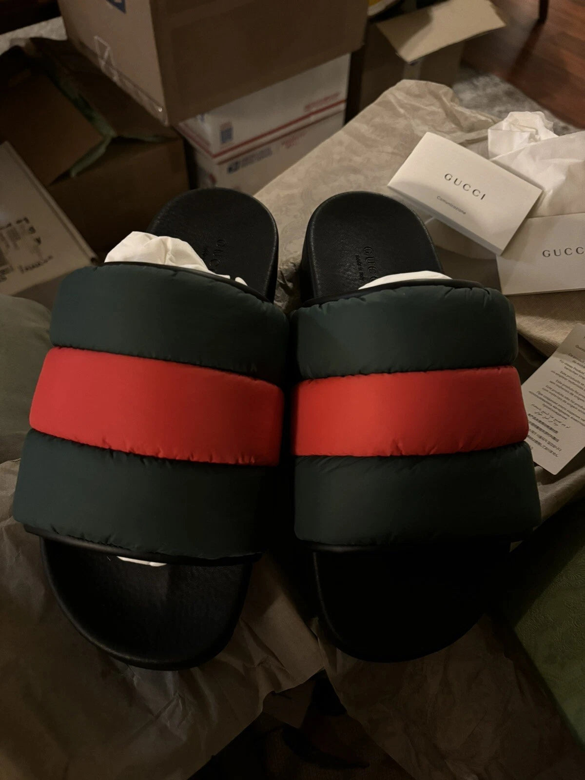 Gucci Puffer Nylon Slides Black/Red/Green Sandal Unisex  Size 39 US 8