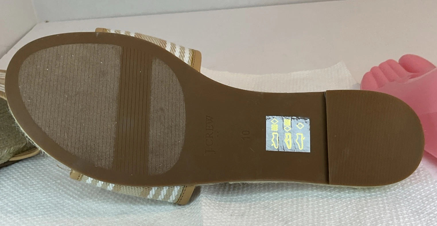 J. Crew Sandals Womens 10 White Tan Striped Espadrille Slides Flat Summer Beach