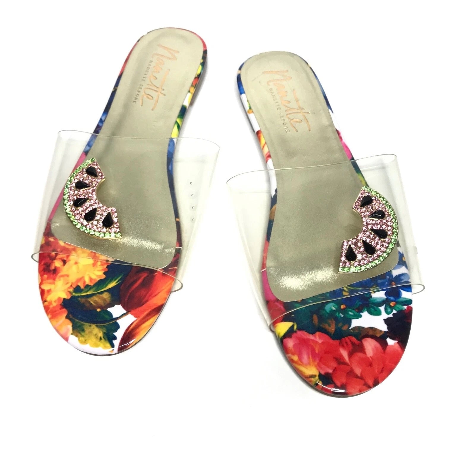 Nanette Lepore Women's Sandals Jeweled Transparent Watermelon Floral Sz 8M