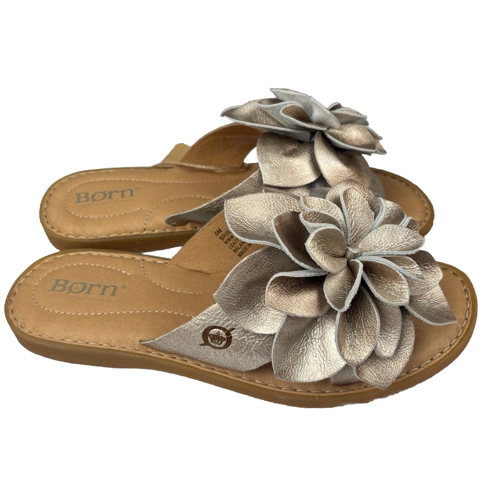 Born Ivory Leather Sandal Flower Slip On Slide Panna Cotta Gold Size 6 M