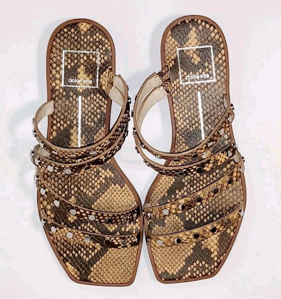 Dolce Vita Izabel Stud Mango Snake Print Square Toe Flat Slide Sandals Wms 6.5M