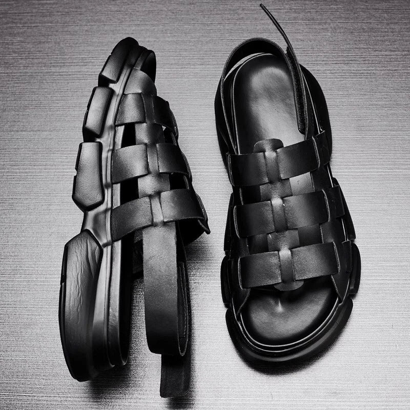 2025 Summer Men's Roman Real Leather Sandals Platform Open Toe Flat Shoes Casual
