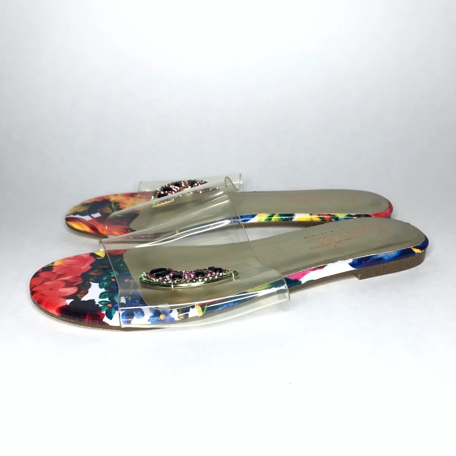 Nanette Lepore Women's Sandals Jeweled Transparent Watermelon Floral Sz 8M